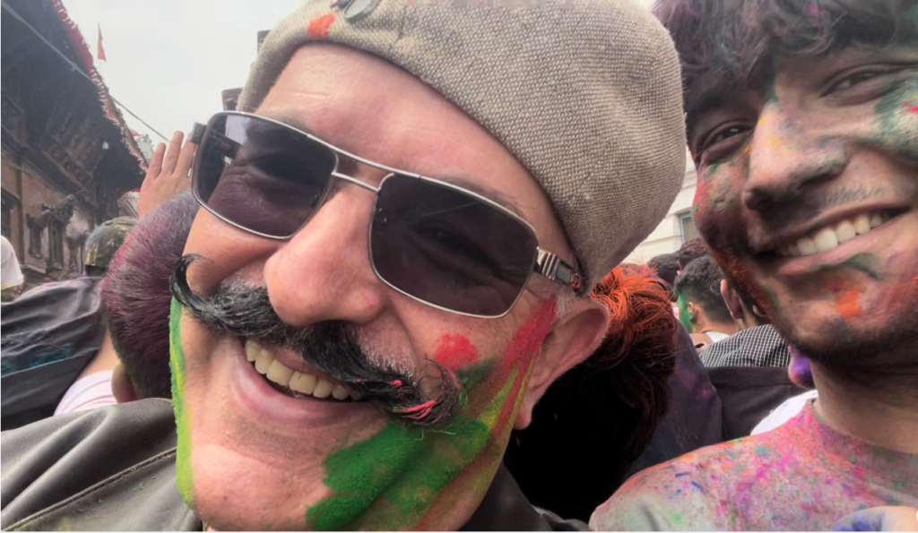 Peter Mousaferiadis selfie at Holi festival, Kathmandu, March 2024
