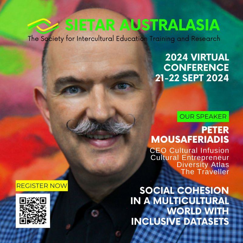 Flyer advertising SIETAR Australasia Virtual Conference with Peter Mousaferiadis discussing social cohesion in a multicultural world with inclusive datasets