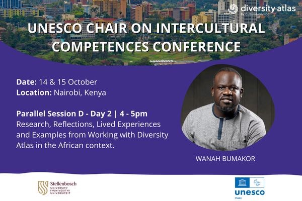 Banner advertising UNESCO Chair on Intercultural Competences Conference with portrait photo of Wanah Bumakor